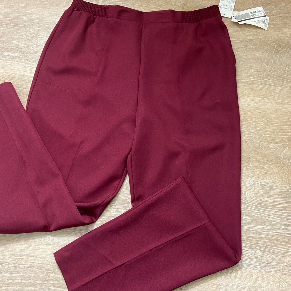 NWT Women's Burgundy Dress Pants Elastic Waist. Tailored High Waist Trousers